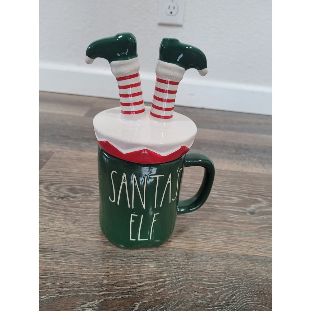 Rae Dunn Santa Elf‎ Mug with Lid Christmas Holiday Ceramic Green White Red #HH